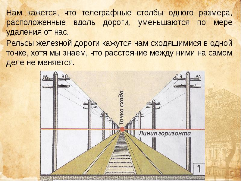 При перспективном изображении параллельные горизонтальные линии уходящие в глубину сходятся на