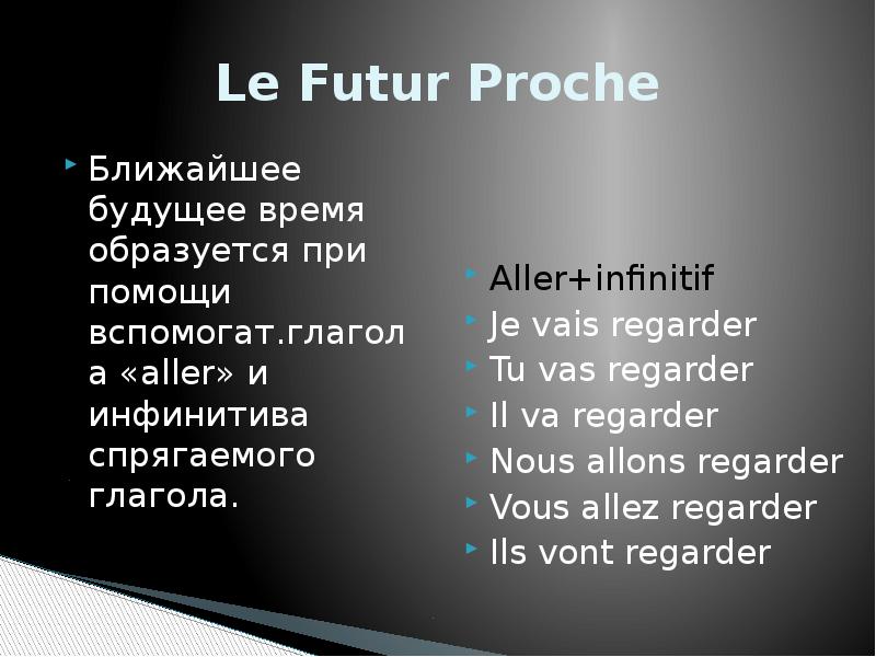 Le Futur Proche Ближайшее будущее время образуется при помощи вспомогат.глагола «aller»