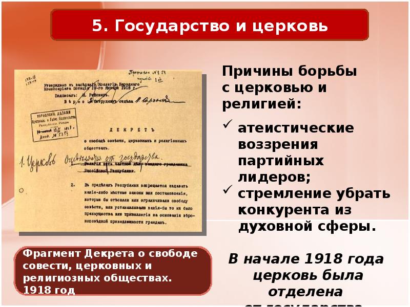 Причины борьбы. Декрет о свободе совести церковных и религиозных обществах. Декрет о свободе совести. Причины борьбы с Церковью. Особенности духовной жизни страны в 1920-е.