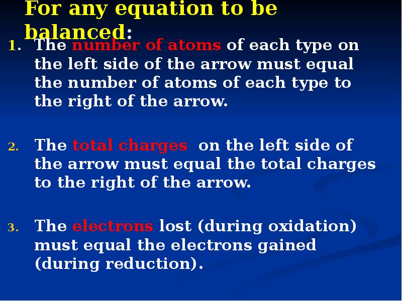 For any equation to be balanced:
1. The number of atoms For any equation to be balanced:
1. The number of atoms