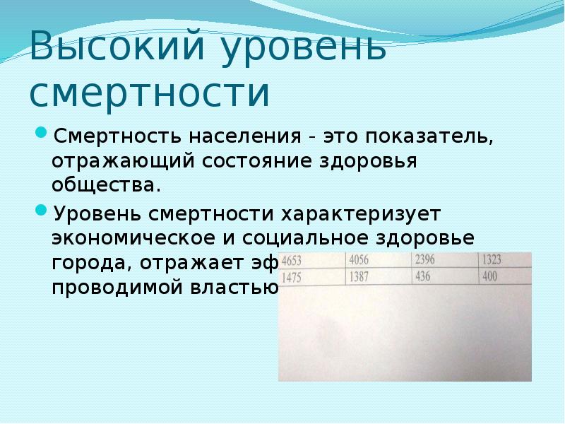 Высокий уровень смертности Смертность населения - это показатель, отражающий состояние здоровья