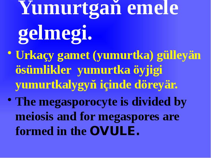 Yumurtgaň emele gelmegi.
Urkaçy gamet (yumurtka) gülleyän ösümlikler yumurtka öyjigi yumurtkalygyň Yumurtgaň emele gelmegi.
Urkaçy gamet (yumurtka) gülleyän ösümlikler yumurtka öyjigi yumurtkalygyň