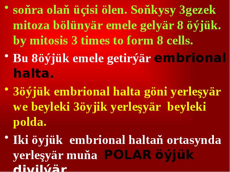 soňra olaň üçisi ölen. Soňkysy 3gezek mitoza bölünyär emele gelyär 8 soňra olaň üçisi ölen. Soňkysy 3gezek mitoza bölünyär emele gelyär 8