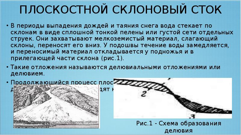 Склоновые стоки. Геологическая деятельность текучих вод. Геологическая деятельность поверхностных текучих вод. Плоскостная структура течения. Склоновые процессы и отложения конспект.