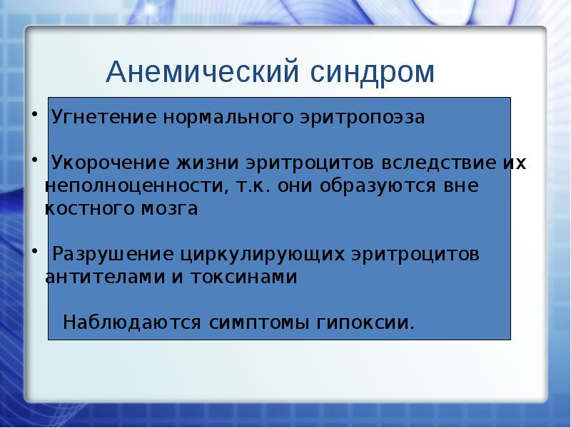 Угнетение эритропоэза. Анемический синдром патофизиология. Кардио анемический синдром. Синдром неполноценности.