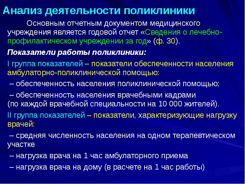 Анализ деятельности поликлиники
Основным отчетным документом Анализ деятельности поликлиники
Основным отчетным документом