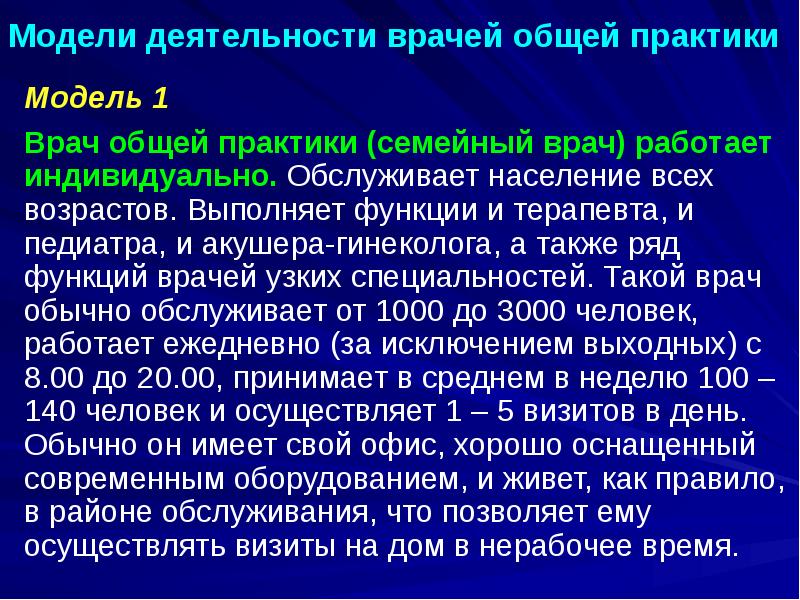 Модели деятельности врачей общей практики
Модель 1
Врач общей практики (семейный Модели деятельности врачей общей практики
Модель 1
Врач общей практики (семейный