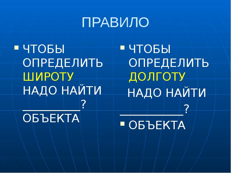 Надо будет найти. Правило. Чтобы определить широту какого нибудь объекта нужно определить. Чтобы найти долготу нужно найти.