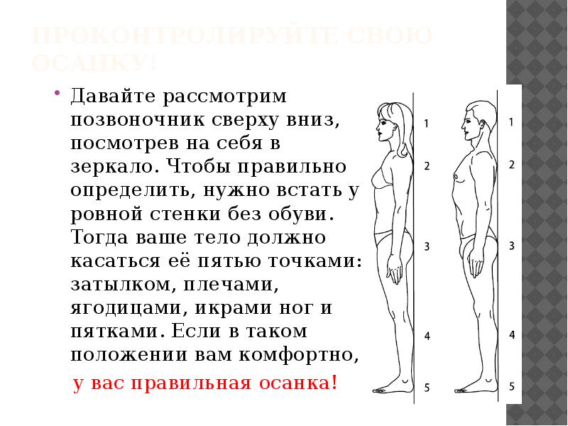 Для того чтобы проверить правильность осанки нужно встать спиной к стенке и коснуться стены