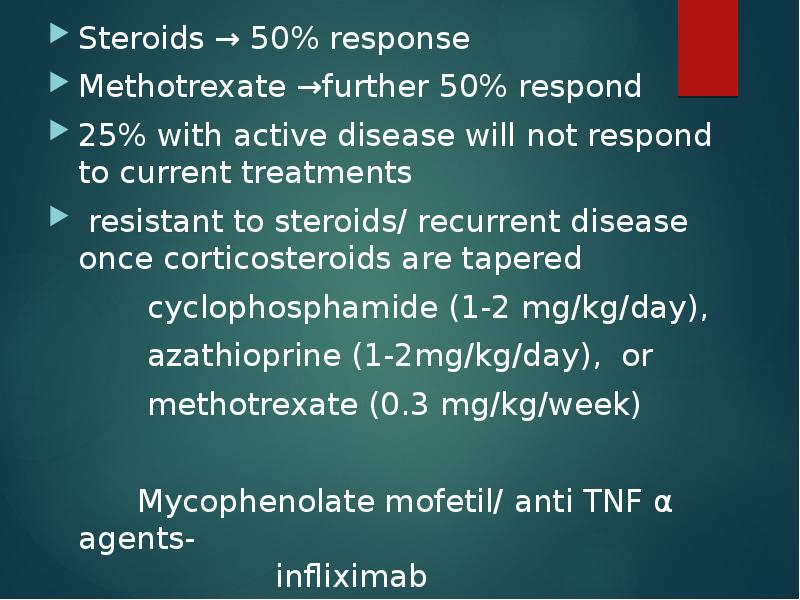 Steroids → 50% response
Methotrexate →further 50% respond
25% with active Steroids → 50% response
Methotrexate →further 50% respond
25% with active