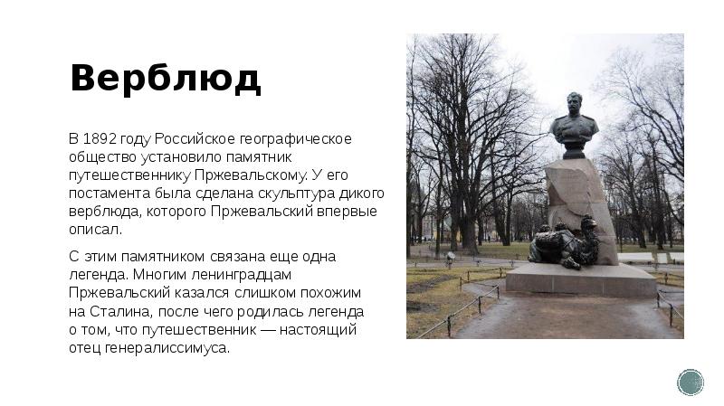 Верблюд
В 1892 году Российское географическое общество установило памятник путешественнику Пржевальскому. У его Верблюд
В 1892 году Российское географическое общество установило памятник путешественнику Пржевальскому. У его