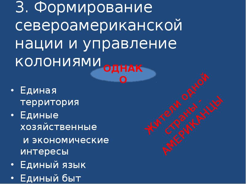 3. Формирование североамериканской нации и управление колониями
Единая территория
Единые хозяйственные 3. Формирование североамериканской нации и управление колониями
Единая территория
Единые хозяйственные