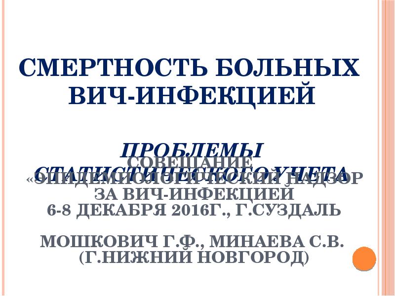 Смертность больных ВИЧ-инфекцией Проблемы статистического учета
Совещание
«Эпидемиологический Смертность больных ВИЧ-инфекцией Проблемы статистического учета
Совещание
«Эпидемиологический