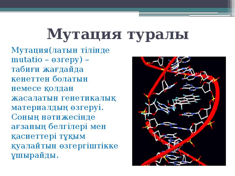 Мутация туралы
Мутация(латын тілінде mutatіo – өзгеру) – табиғи жағдайда кенеттен Мутация туралы
Мутация(латын тілінде mutatіo – өзгеру) – табиғи жағдайда кенеттен