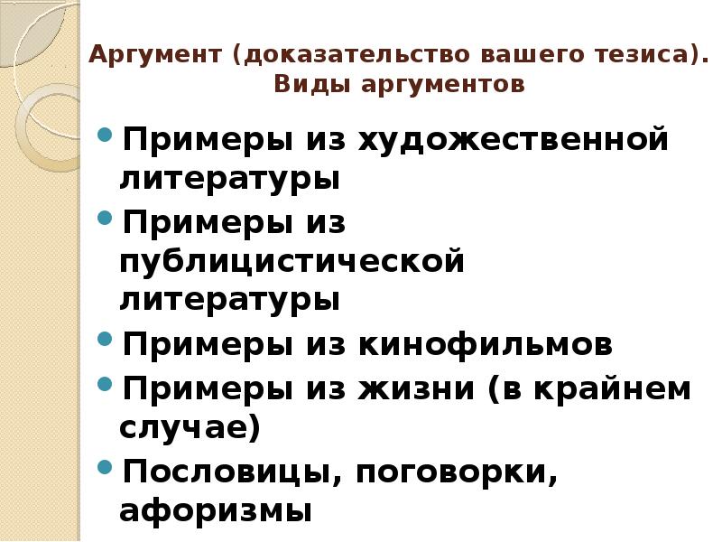 Аргумент (доказательство вашего тезиса). Виды аргументов Примеры из художественной литературы Примеры
