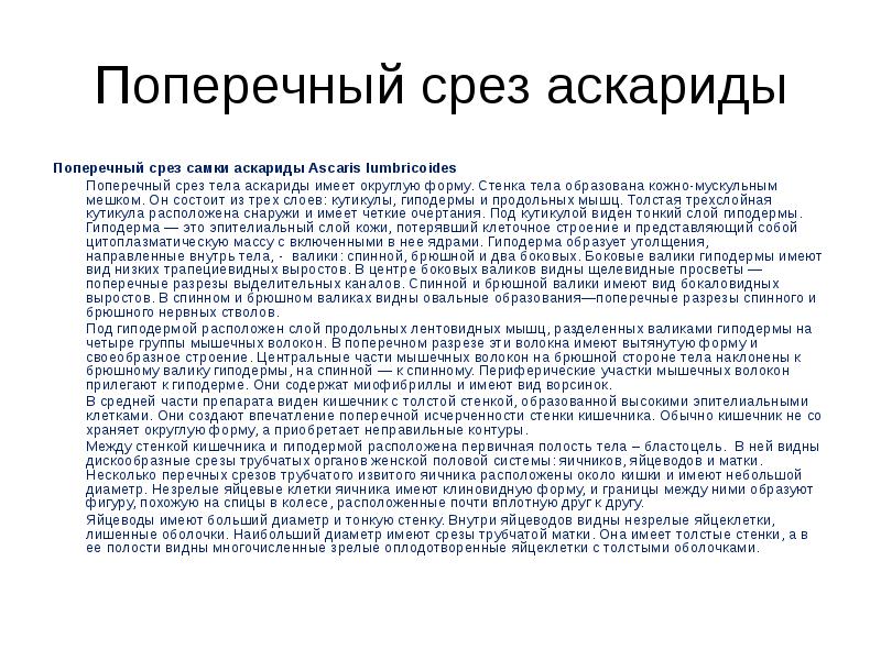 Поперечный срез аскариды Поперечный&nbsp;срез&nbsp;самки&nbsp;аскариды&nbsp;Ascaris lumbricoides 	Поперечный срез тела аскариды имеет округлую
