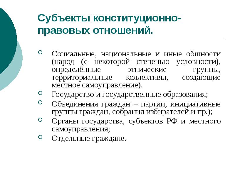 Субъекты конституционно-правовых отношений.
Социальные, национальные и иные общности (народ (с некоторой Субъекты конституционно-правовых отношений.
Социальные, национальные и иные общности (народ (с некоторой