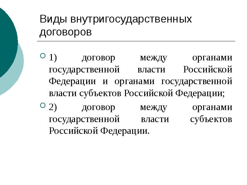 Виды внутригосударственных договоров
1) договор между органами государственной власти Российской Федерации Виды внутригосударственных договоров
1) договор между органами государственной власти Российской Федерации