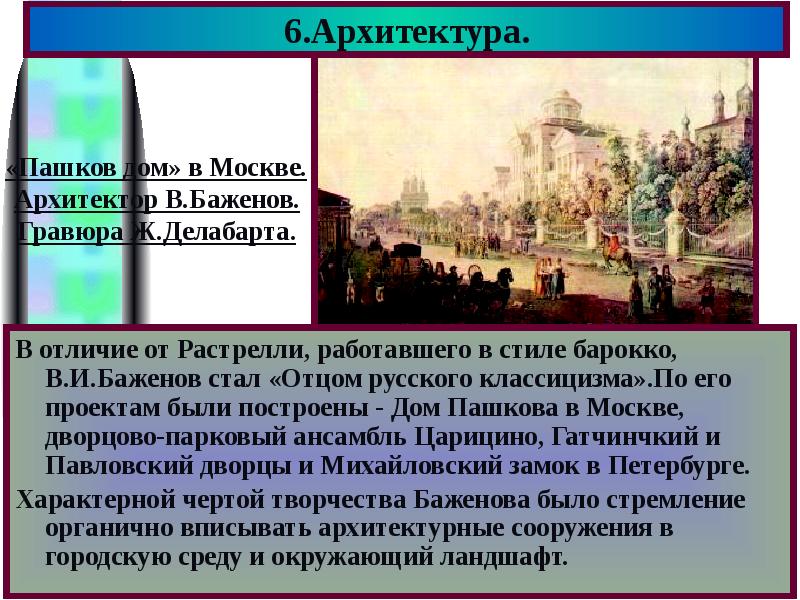 Особенности развития отечественной художественной культуры 18 века. Баженов особенности стиля. Особенности стиля Баженова в архитектуре. Растреллиевский стиль особенности. Делабарт Пашков дом.