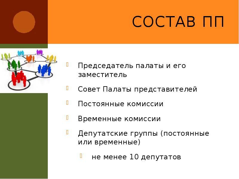 Состав ПП
Председатель палаты и его заместитель
Совет Палаты представителей
Постоянные Состав ПП
Председатель палаты и его заместитель
Совет Палаты представителей
Постоянные