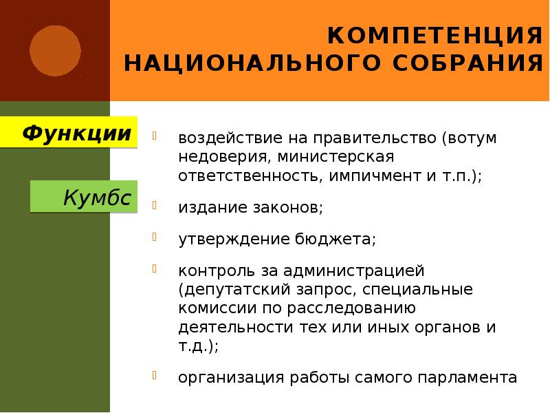 Компетенция Национального собрания
воздействие на правительство (вотум недоверия, министерская ответственность, импичмент Компетенция Национального собрания
воздействие на правительство (вотум недоверия, министерская ответственность, импичмент