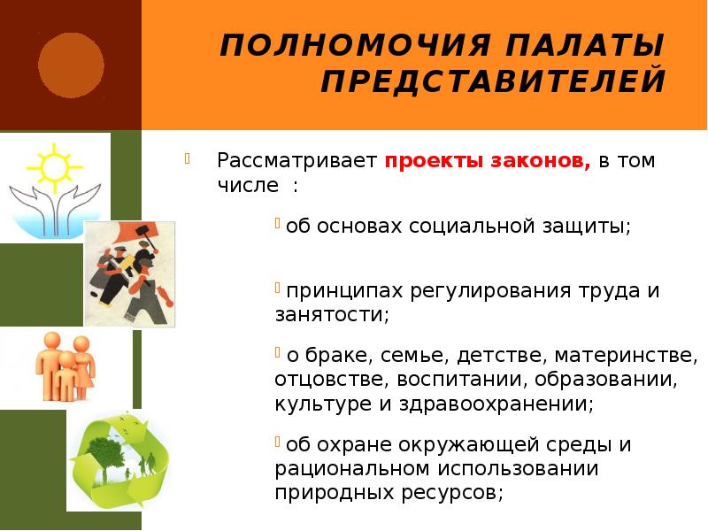 Полномочия Палаты представителей
Рассматривает проекты законов, в том числе :
Полномочия Палаты представителей
Рассматривает проекты законов, в том числе :