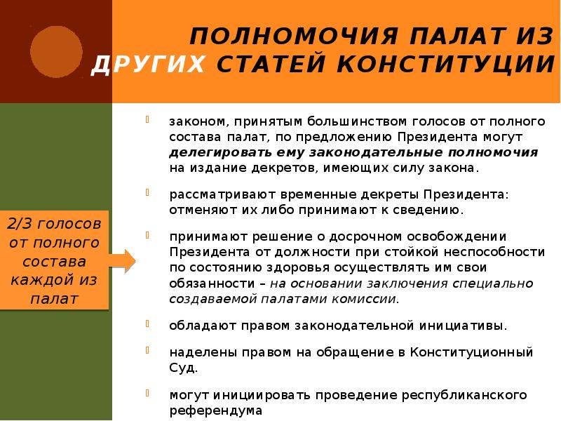 Полномочия палат из других статей Конституции
законом, принятым большинством голосов от Полномочия палат из других статей Конституции
законом, принятым большинством голосов от
