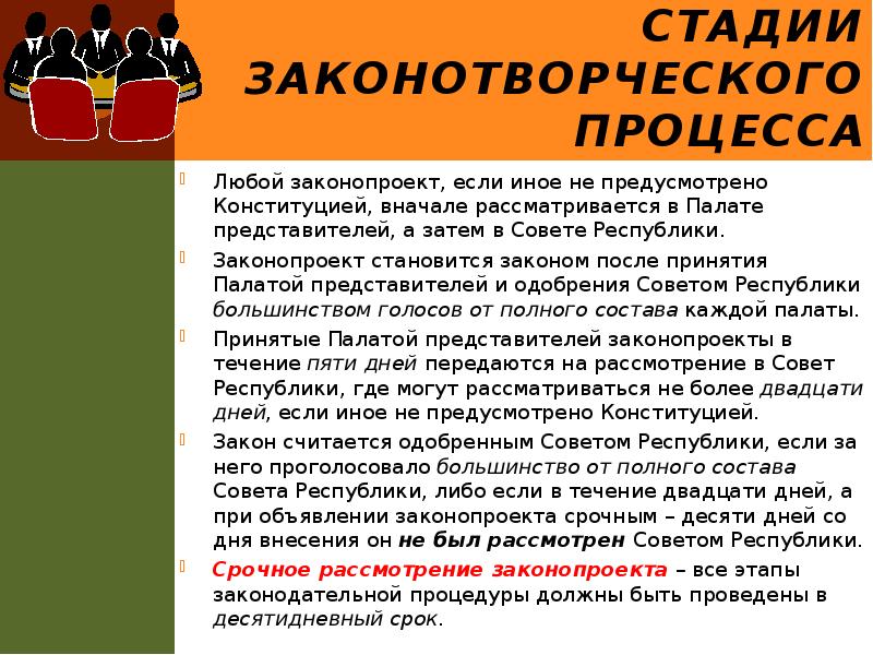 Стадии законотворческого процесса
Любой законопроект, если иное не предусмотрено Конституцией, вначале Стадии законотворческого процесса
Любой законопроект, если иное не предусмотрено Конституцией, вначале