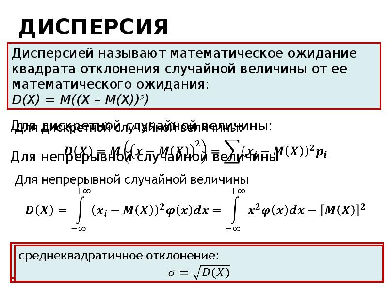 Найти математическое ожидание и дисперсию случайной величины. Формула мат ожидания и дисперсии случайной величины. Формула дисперсии через математическое ожидание. Дисперсия непрерывной случайной величины формула. Дисперсия через мат ожидание.