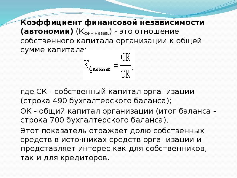 Коэффициент финансовой независимости формула по балансу