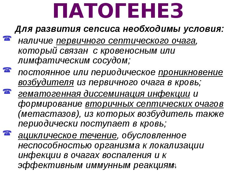 Развитие сепсиса. Наличие септического очага. Первичный септический очаг.