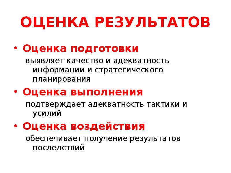 ОЦЕНКА РЕЗУЛЬТАТОВ
Оценка подготовки
выявляет качество и адекватность информации и ОЦЕНКА РЕЗУЛЬТАТОВ
Оценка подготовки
выявляет качество и адекватность информации и