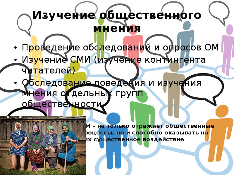 Изучение общественного мнения
Проведение обследований и опросов ОМ
Изучение СМИ (изучение Изучение общественного мнения
Проведение обследований и опросов ОМ
Изучение СМИ (изучение