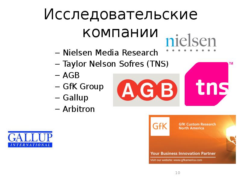 Исследовательские компании
Nielsen Media Research
Taylor Nelson Sofres (TNS)
AGB Исследовательские компании
Nielsen Media Research
Taylor Nelson Sofres (TNS)
AGB