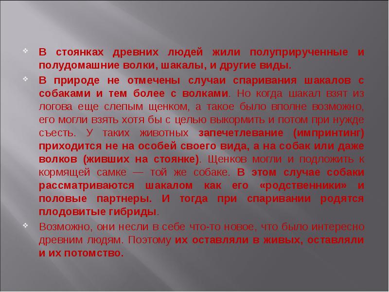 В стоянках древних людей жили полуприрученные и полудомашние волки, шакалы, и В стоянках древних людей жили полуприрученные и полудомашние волки, шакалы, и
