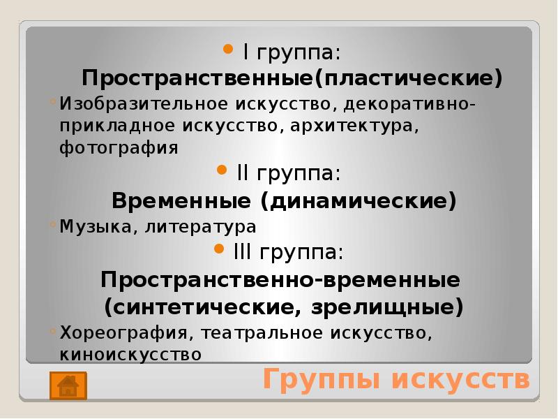 Группы искусства. Музыка пространственные и пластические искусства. 3 Группы пространственных искусств. Низшие пространственные группы.