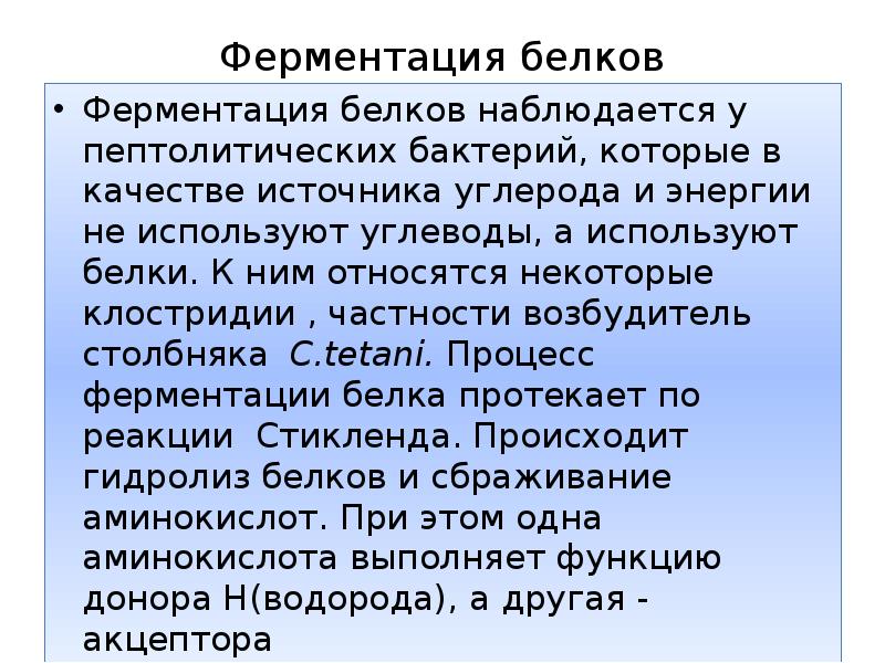 Ферментация белков
Ферментация белков наблюдается у пептолитических бактерий, которые в качестве Ферментация белков
Ферментация белков наблюдается у пептолитических бактерий, которые в качестве