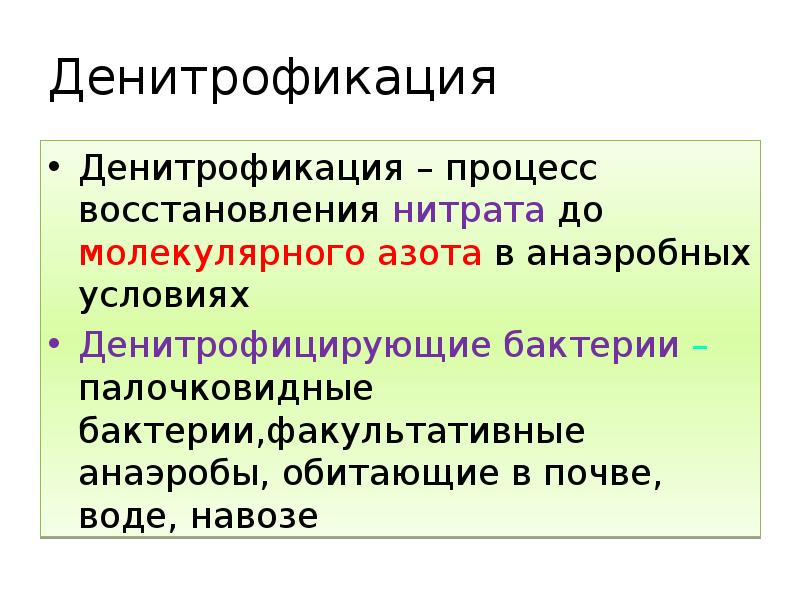Денитрофикация
Денитрофикация – процесс восстановления нитрата до молекулярного азота в анаэробных Денитрофикация
Денитрофикация – процесс восстановления нитрата до молекулярного азота в анаэробных
