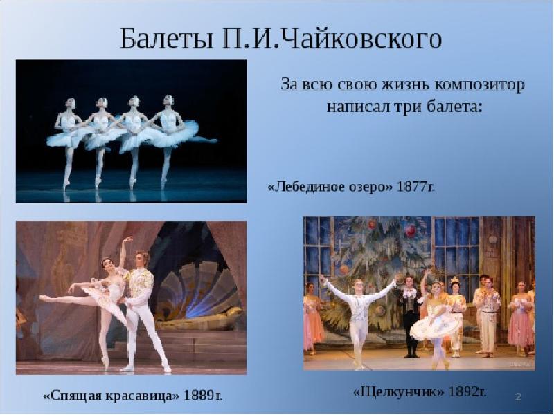 5 произведений балета. Название 3 балета Петра Ильича Чайковского. Балет Чайковского Щелкунчик Лебединое озеро.