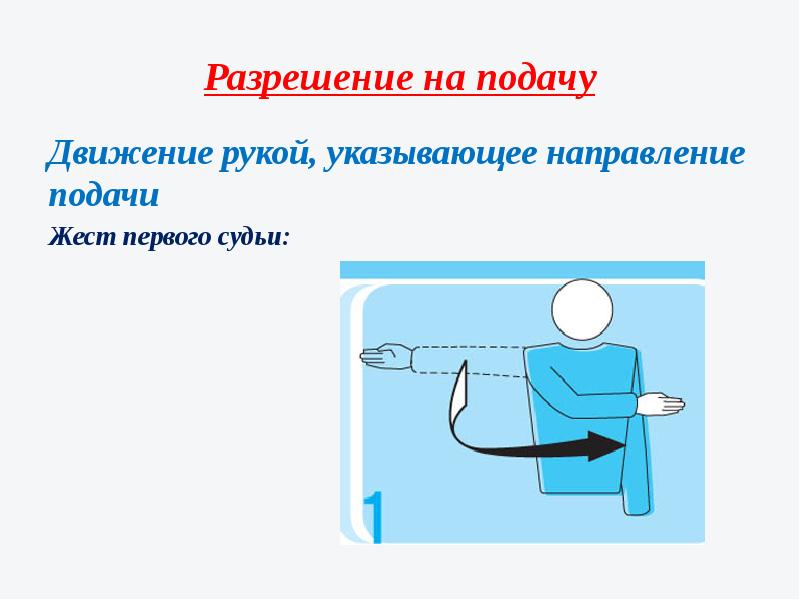 Движение подачи. Жест судьи разрешение на подачу. Движение рукой, указывающее направление подачи. Жест первого судьи.. Направление подачи.