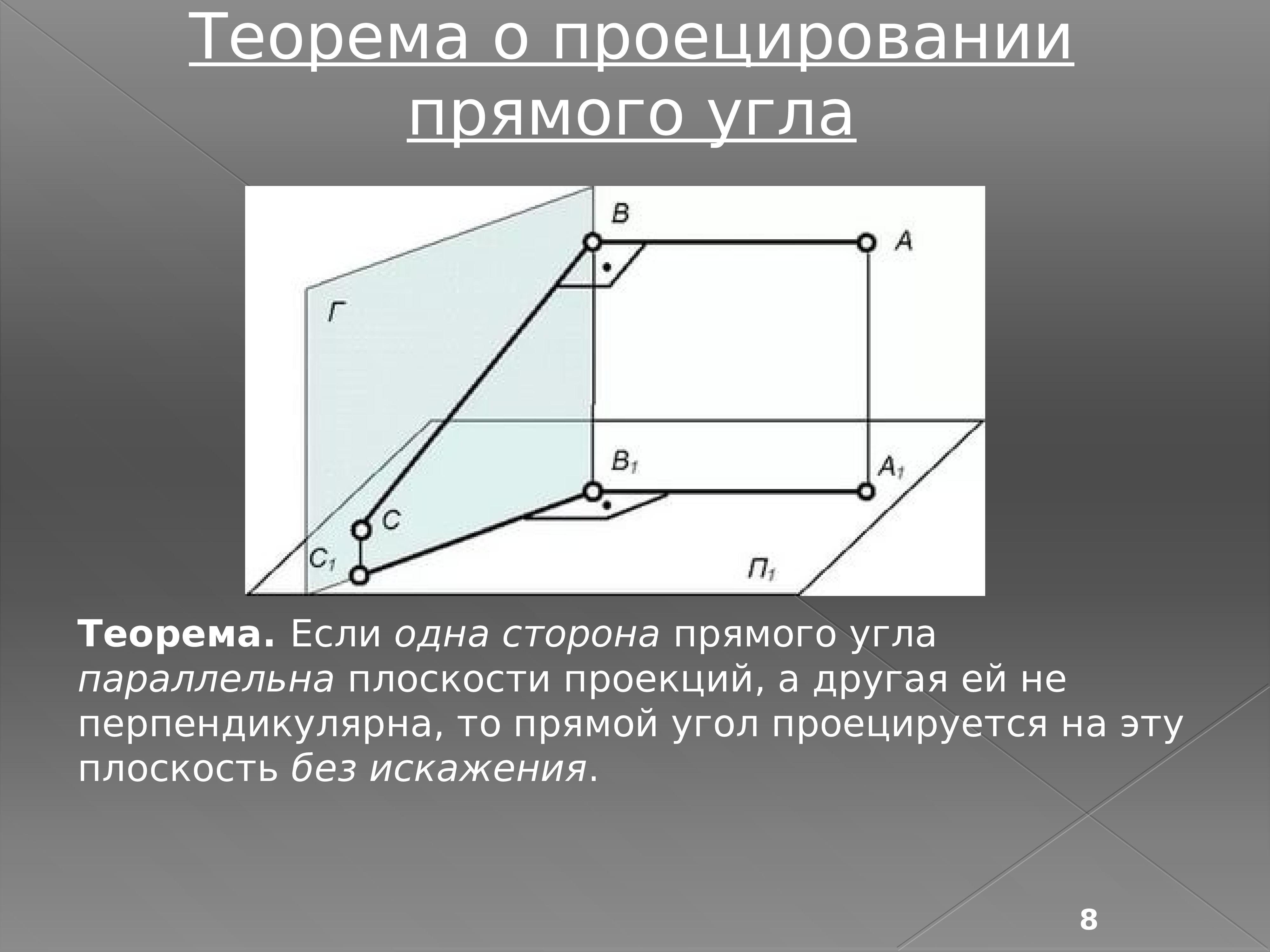 3 перпендикулярные линии. Проекция стороны на прямую. Теорема о проекции прямого угла. Проецирующая плоскость без искажения. Теорема о проекции на плоскость.