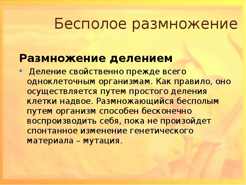 Молодому человеку свойственно прежде всего основная мысль. Размножение делением.