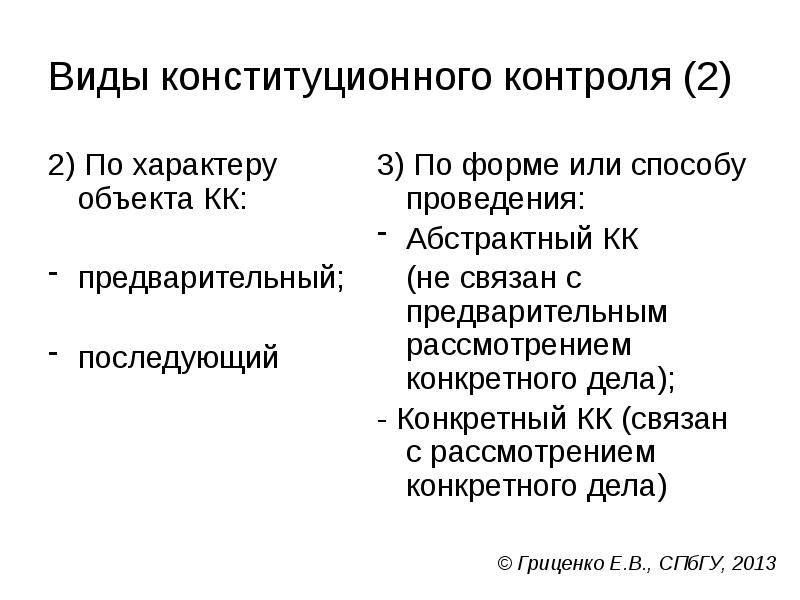 Виды конституционного контроля (2)
2) По характеру объекта КК:
предварительный;
последующий Виды конституционного контроля (2)
2) По характеру объекта КК:
предварительный;
последующий