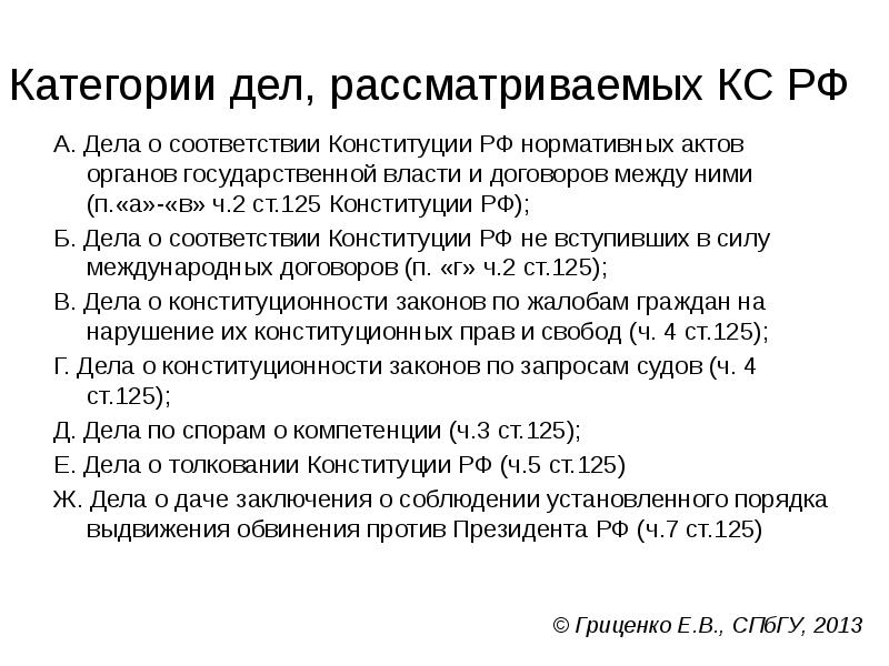 Категории дел, рассматриваемых КС РФ
А. Дела о соответствии Конституции РФ Категории дел, рассматриваемых КС РФ
А. Дела о соответствии Конституции РФ