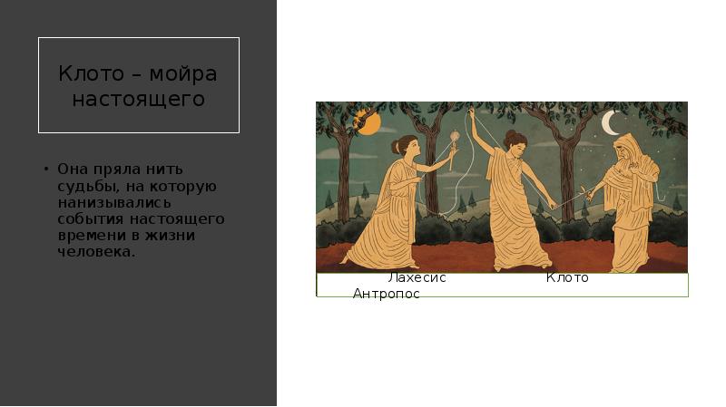 Клото – мойра настоящего
Она пряла нить судьбы, на которую нанизывались Клото – мойра настоящего
Она пряла нить судьбы, на которую нанизывались
