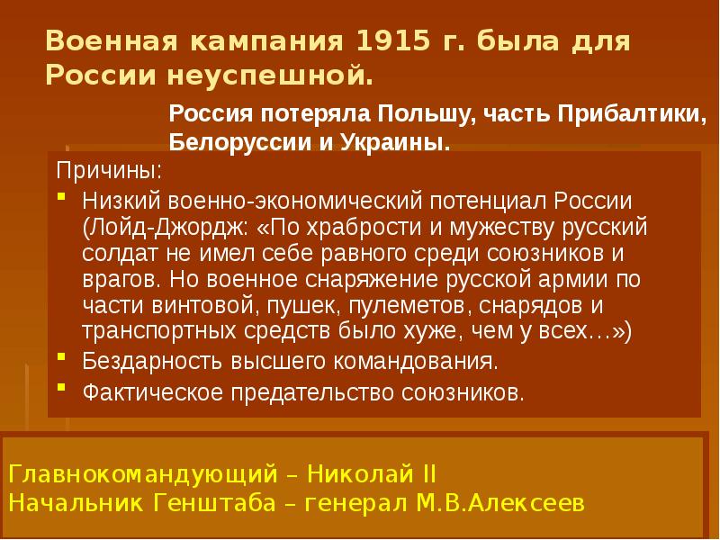 Итоги кампании 1915. Итоги кампании 1915