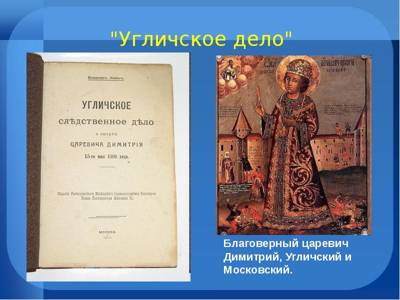 Царевича убиенного здесь в конце xvi века. Царевич Дмитрий Угличский документы того дела. Угличское дело презентация. Угличское дело царевича Дмитрия. Угличское дело Борис Годунов.