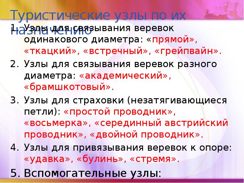 Туристические узлы по их назначению
Узлы для связывания веревок одинакового диаметра: Туристические узлы по их назначению
Узлы для связывания веревок одинакового диаметра: