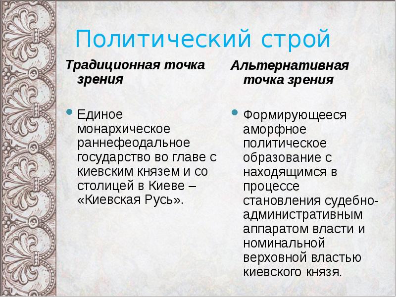 Альтернативная точка зрения. Политический Строй Руси точки зрения. Традиционный Строй. Древняя Русь в x была государством раннефеодальным.