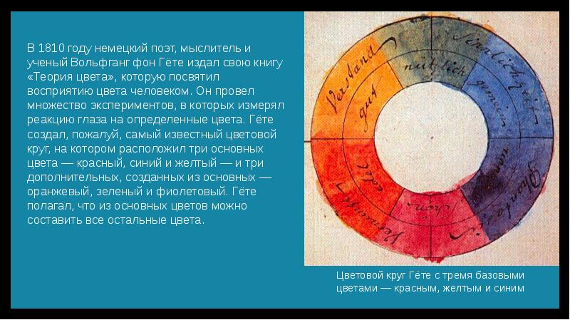 Появление цвета. История возникновения цвета. Происхождение цвета. История цвета кратко. Вольфганг фон гёте посвятил свою книгу «теория цвета» (1810г.).